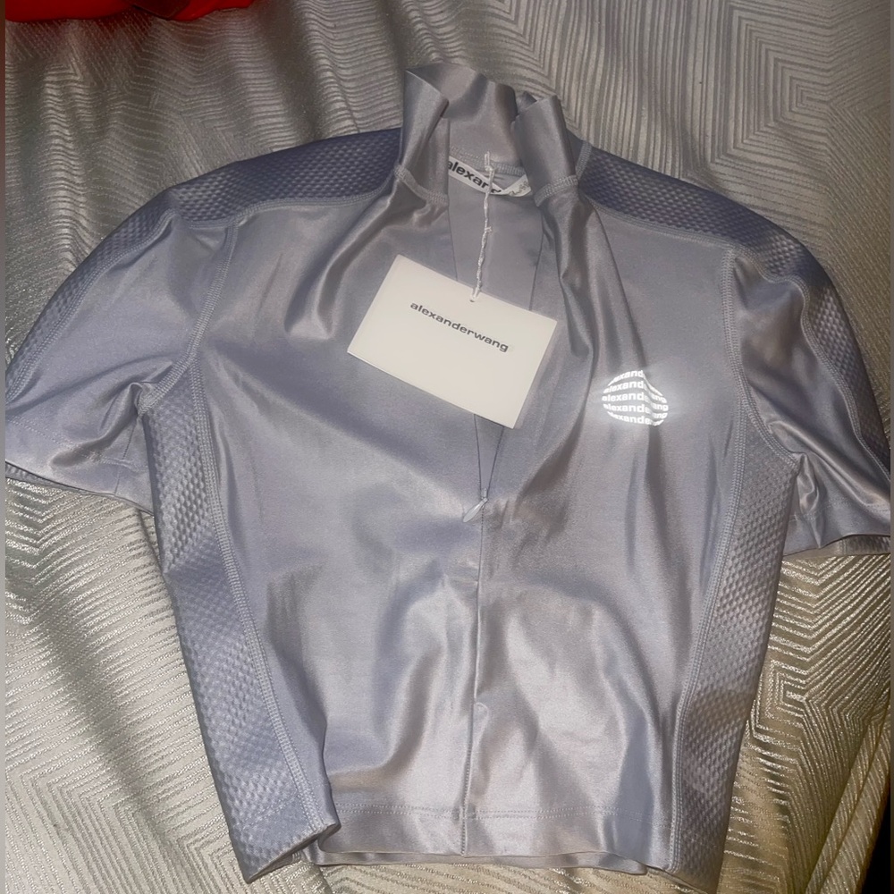 Alexander Wang Rashguard short sleeve mock neck half zip crop top, size xs